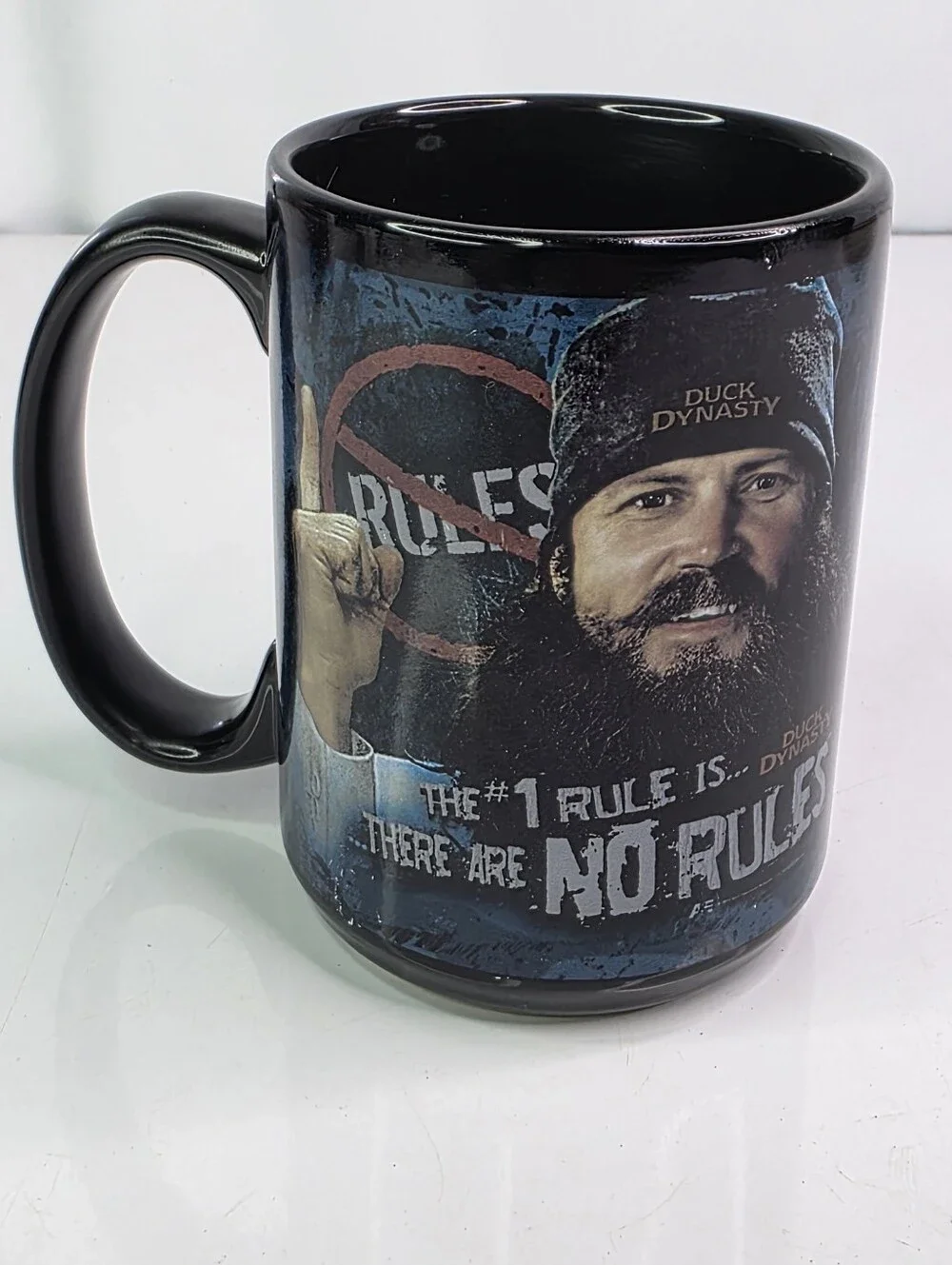 Duck Dynasty Mug AE TV Show Jase Robertson No Rules Coffee Cup Black Ceramic Nos